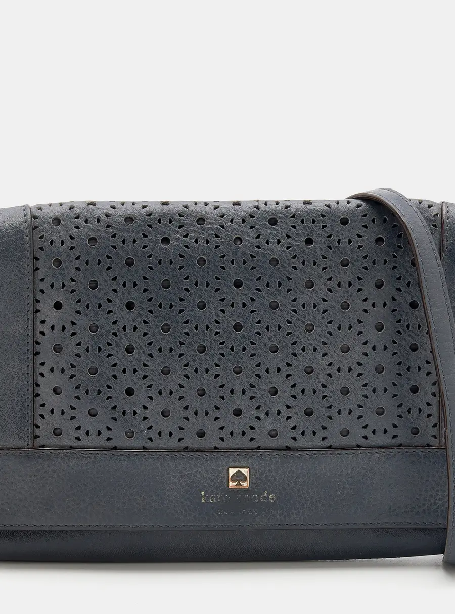 Kate Spade Dark Grey Leather Perforated Flap Shoulder Bag