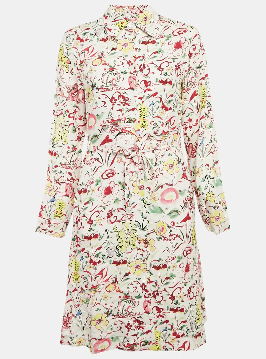 Kenzo White Printed Viscose Button Front Belted Dress S