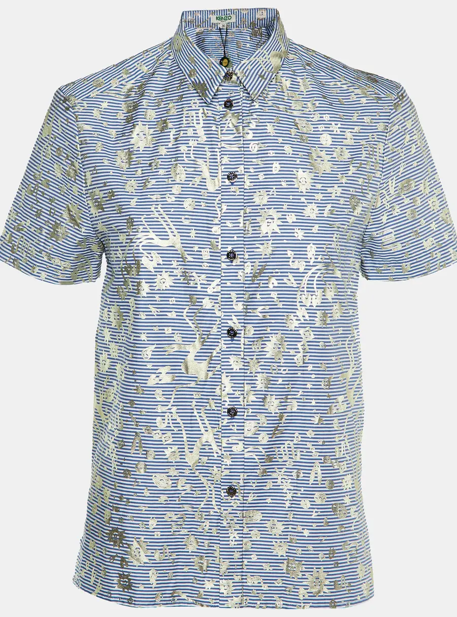 Kenzo Blue/White Metallic Print Cotton Short Sleeve Shirt S