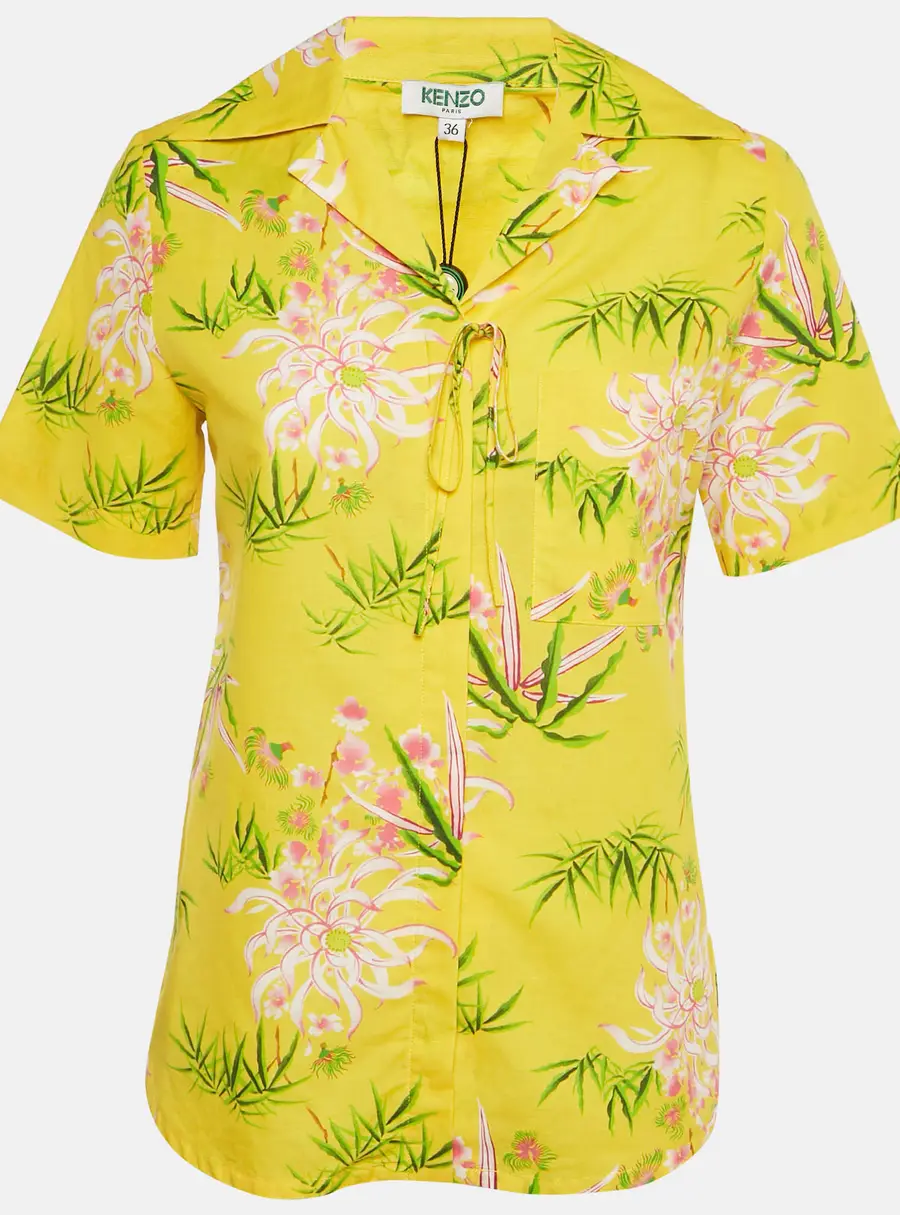 Kenzo Yellow Floral Print Cotton Hawaiian Shirt S
