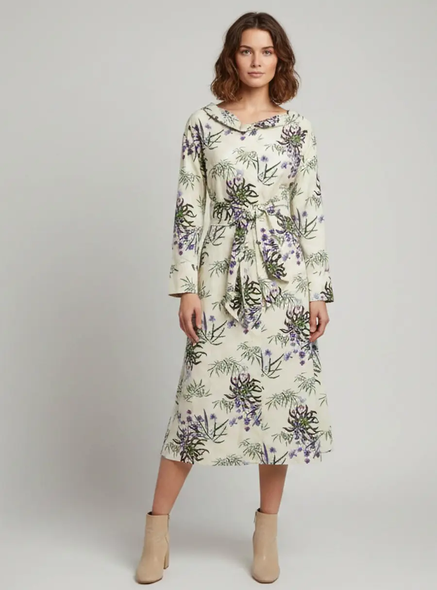 Kenzo Cream Floral Print Cotton and Linen Blend Belted Midi Dress L