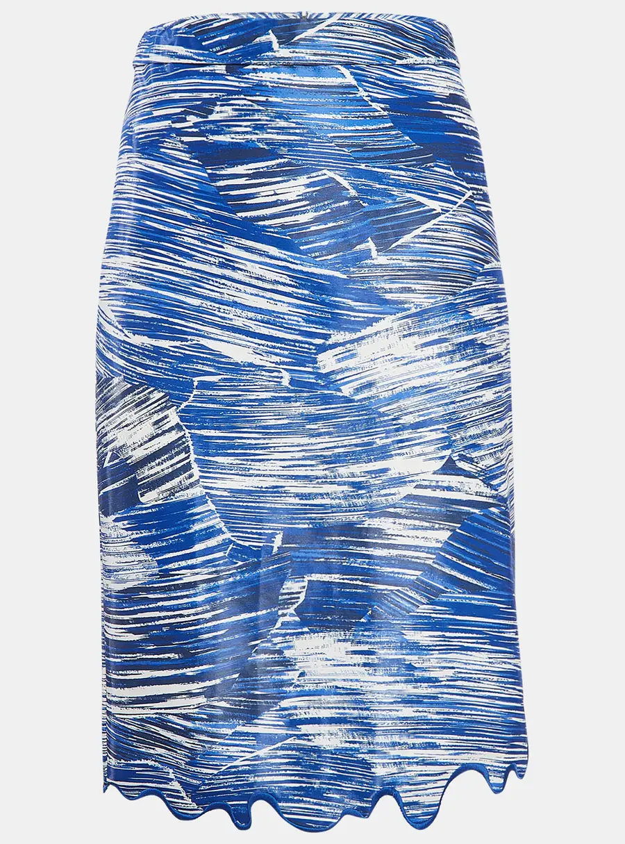 Kenzo Blue Printed Cotton Blend Embroidered Hem Skirt S
