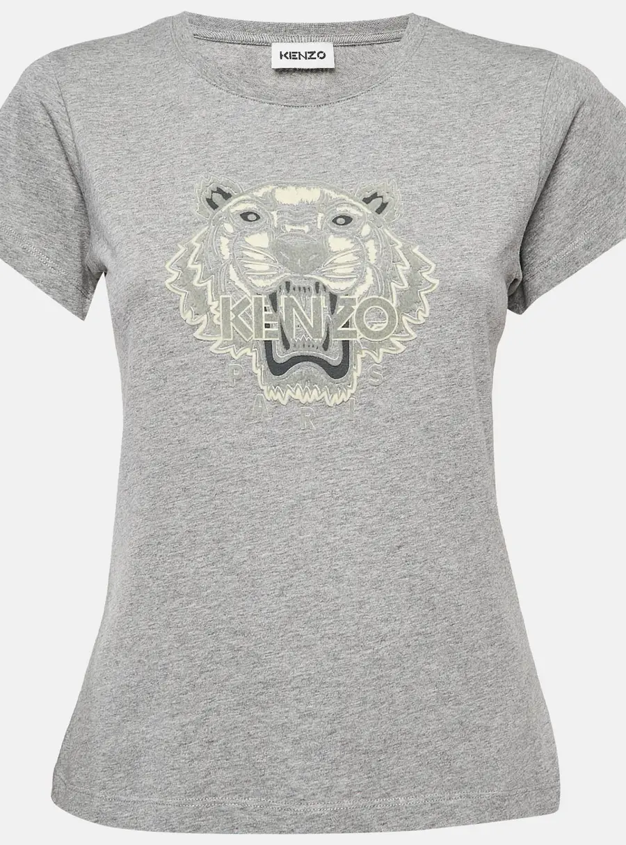 Kenzo Grey Tiger Logo Flocked Jersey T-Shirt S