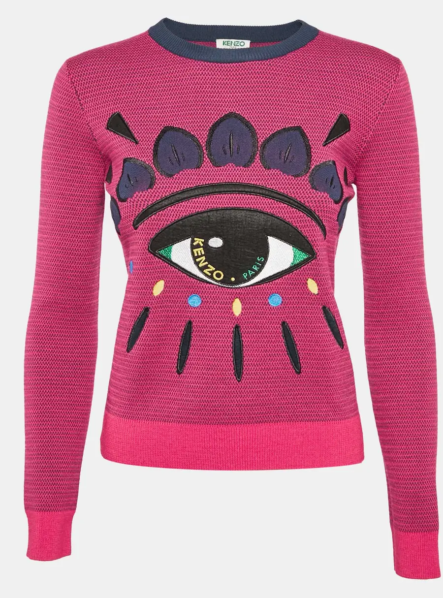 Kenzo Pink Logo Eye Embroidered Wool Knit Crew Neck Sweater XS