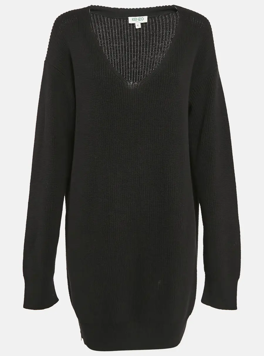 Kenzo Black Rib Knit Zipper Detail V-Neck Sweater Dress XL