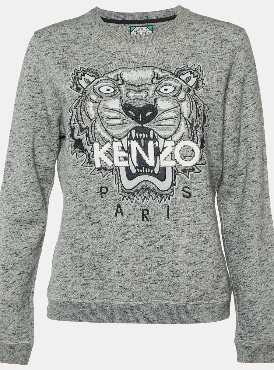 Kenzo Grey Tiger Embroidered Melange Cotton Sweatshirt L