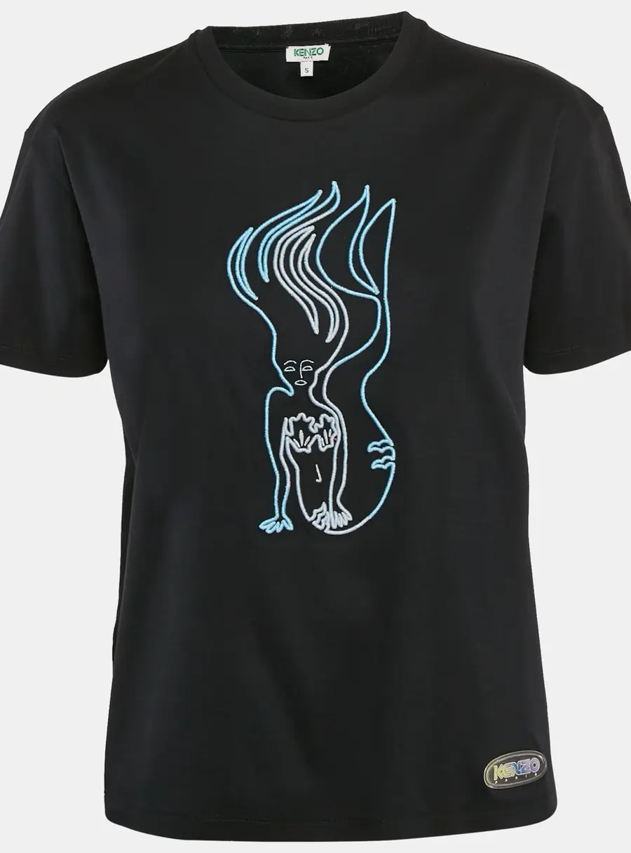 Kenzo Black Mermaid Embroidery Cotton Crew Neck T-shirt S
