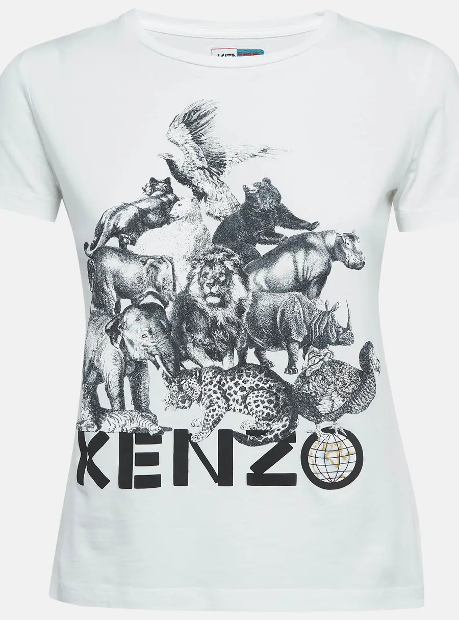 Kenzo White Animal Printed Cotton Knit T-Shirt S