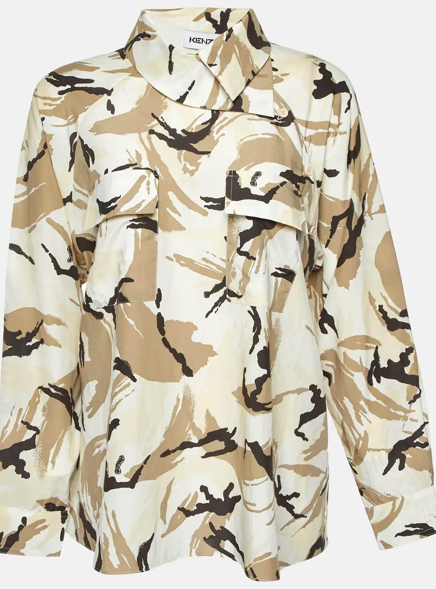Kenzo Beige Camouflage Print Silk Blend Asymmetric Shirt S