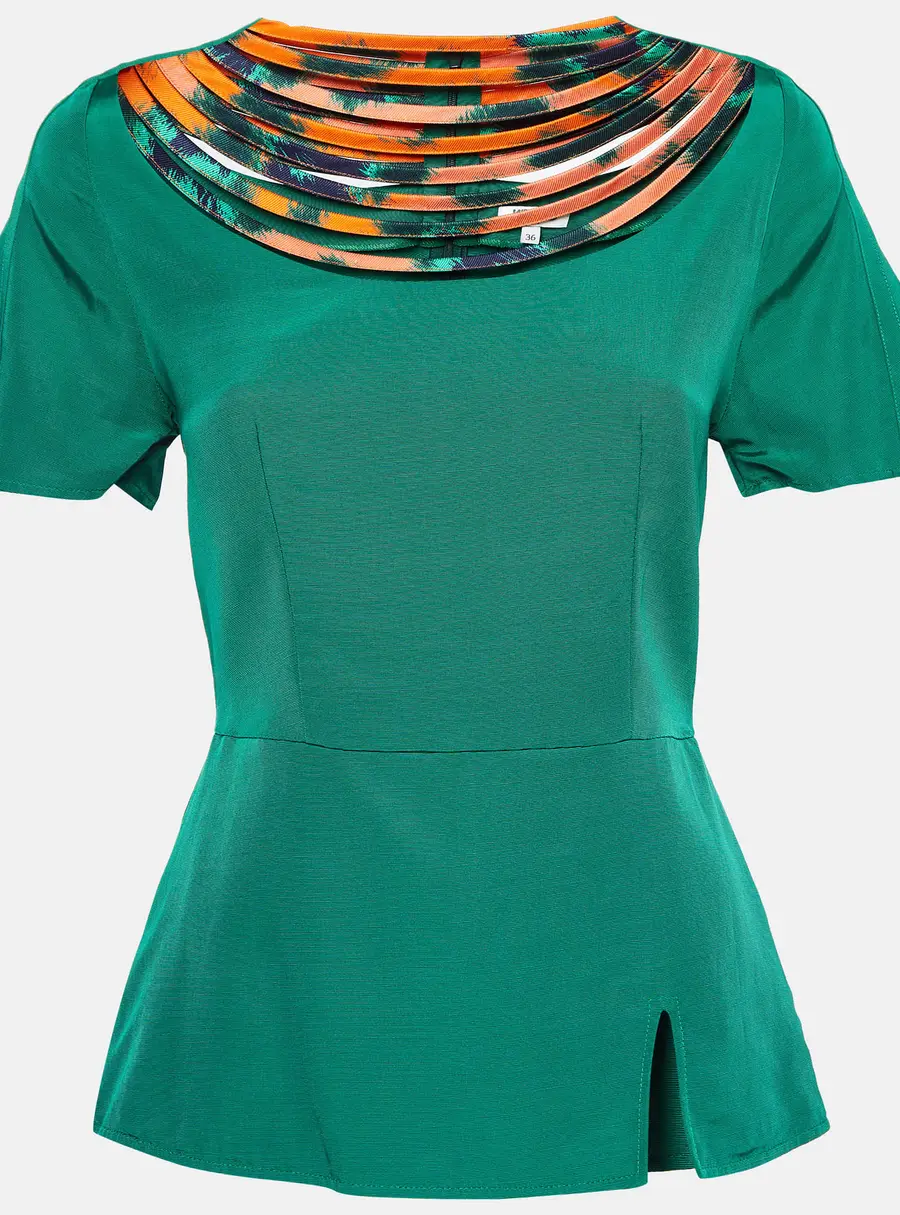 Kenzo Green Cotton Blend Patterned Neck Top S