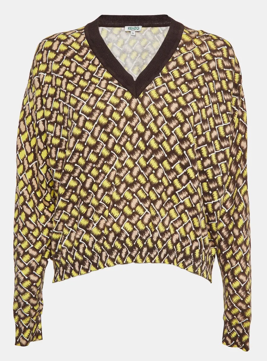 Kenzo Yellow Patterned Cotton Knit V-Neck Sweater S