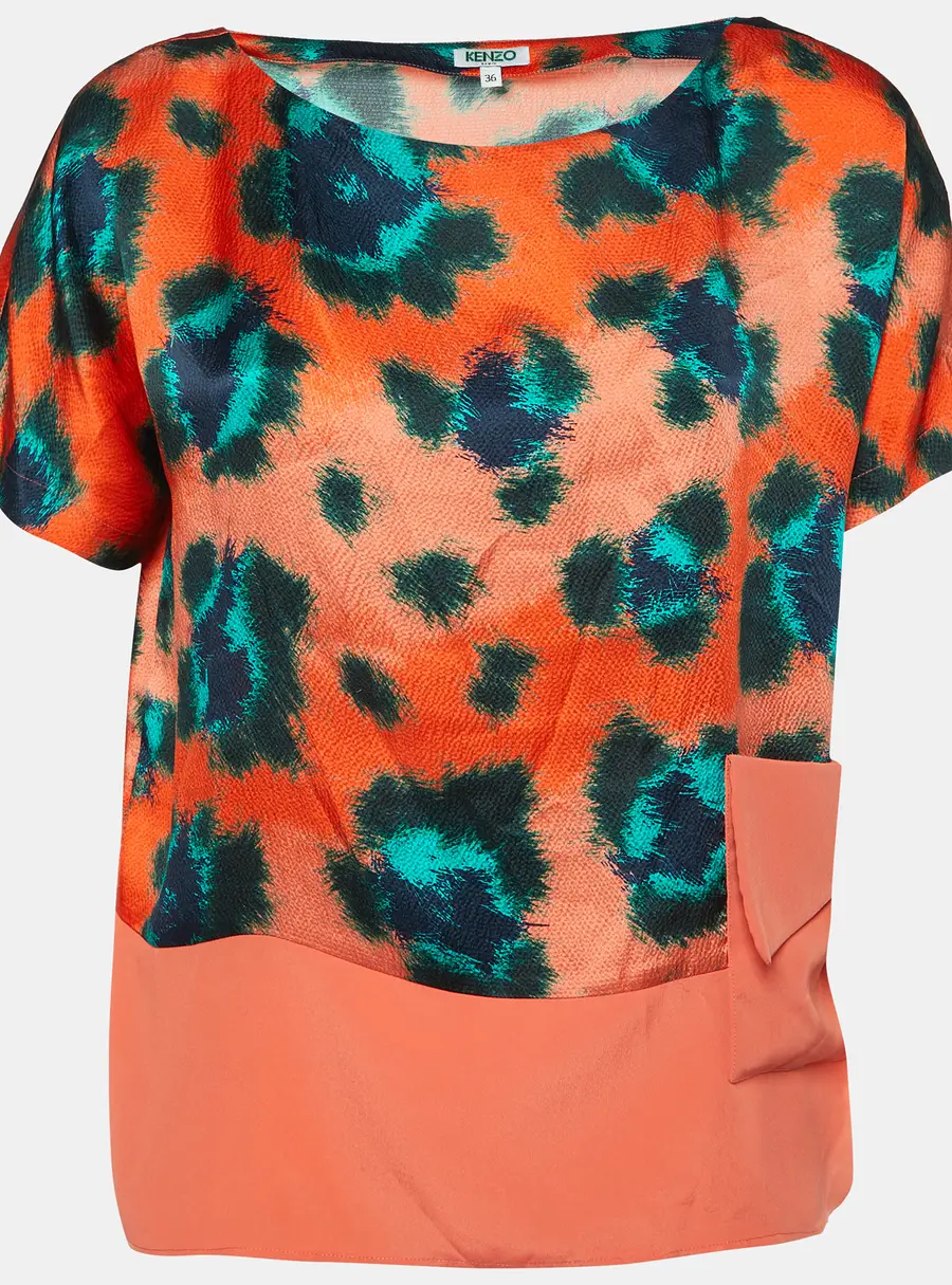 Kenzo Orange Printed Silk Relaxed Fit Blouse S