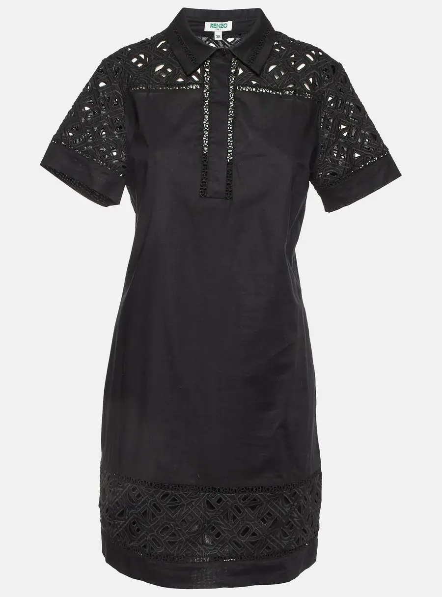 Kenzo Black Cotton Poplin Lace Detailed Short Sleeve Dress M