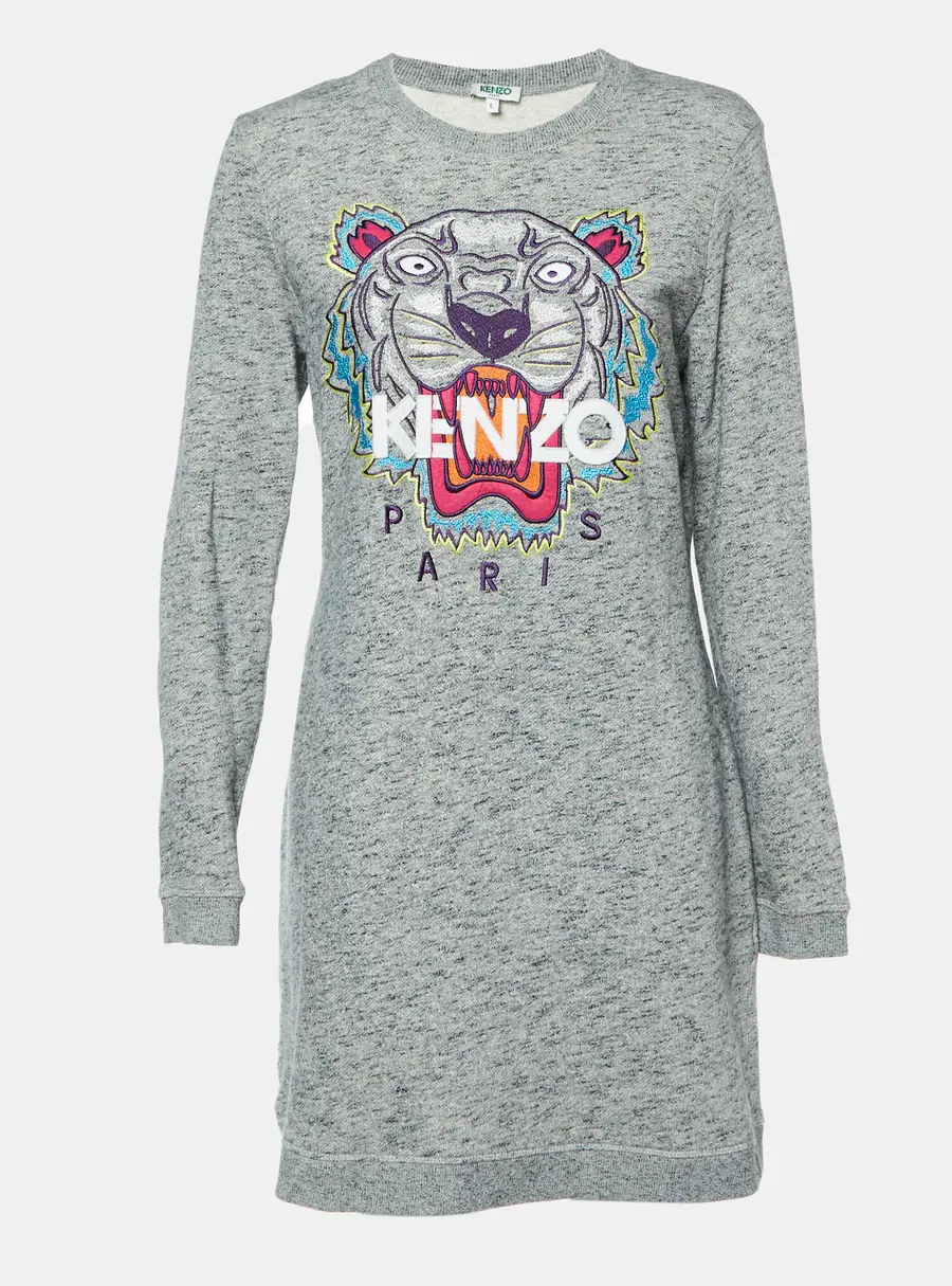 Kenzo Grey Melange Knit Tiger Embroidered Sweater Dress L