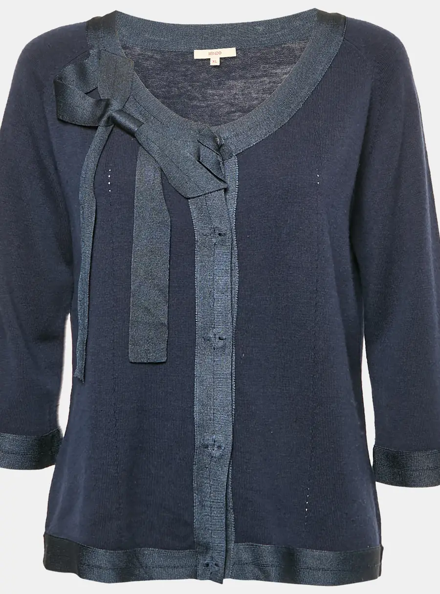 Kenzo Blue Wool Blend Buttoned Short Sleeve Top XL