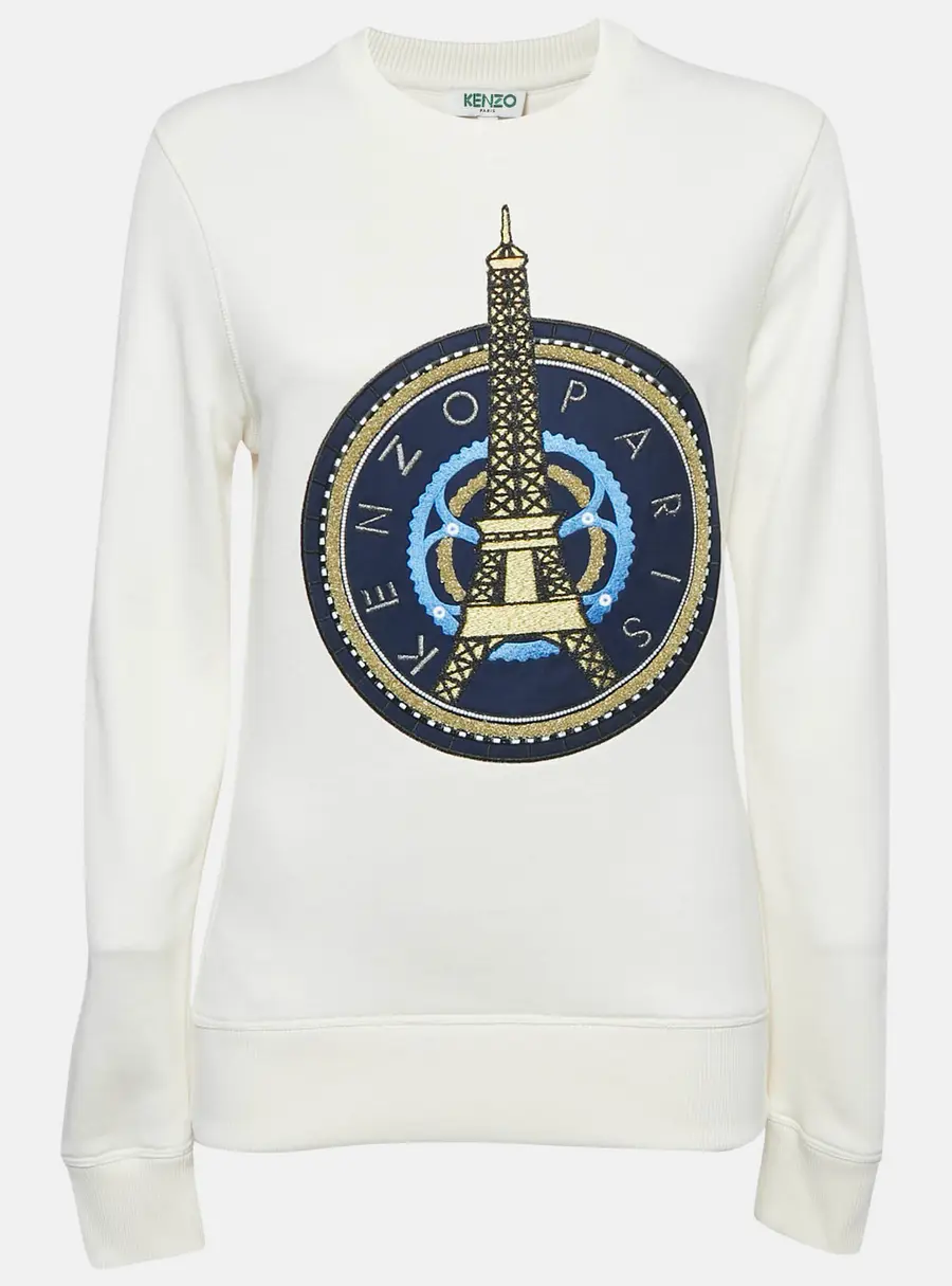 Kenzo Off-White Eiffel Tower Embroidery Cotton Crew Neck Sweatshirt S