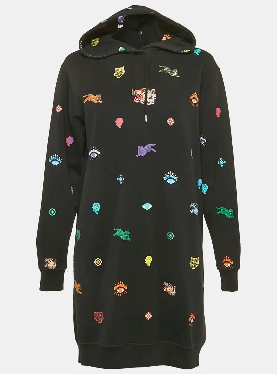 Kenzo Black Tiger Print Cotton Knit Hooded Mini Dress S