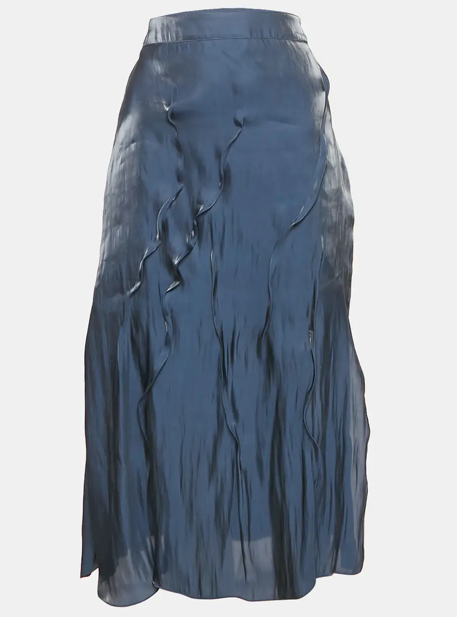 Kenzo Navy Blue Satin Wavy Pin Tucked Midi Skirt M