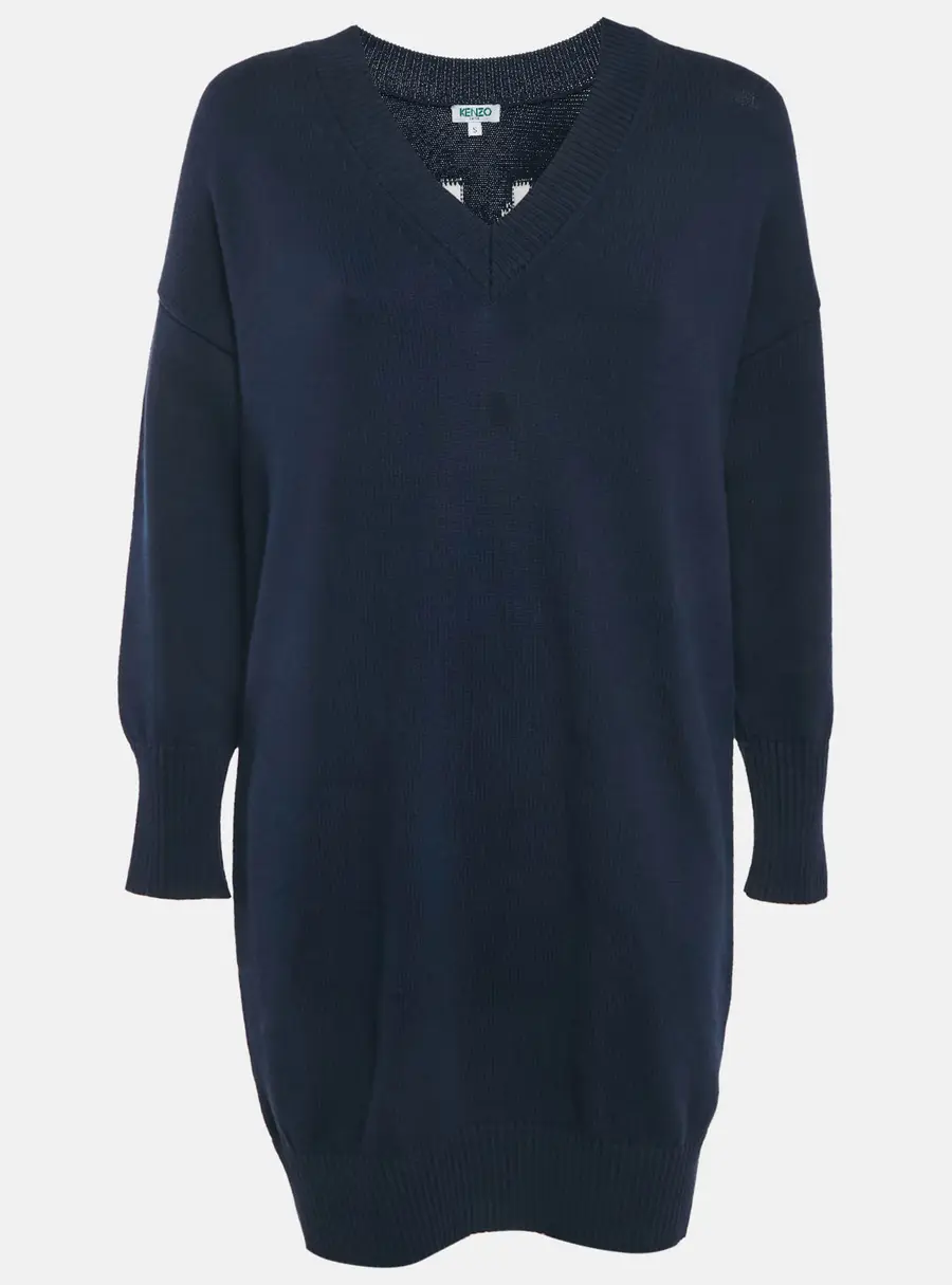 Kenzo Navy Blue Logo Intarsia Rib Knit Mini Sweater Dress S