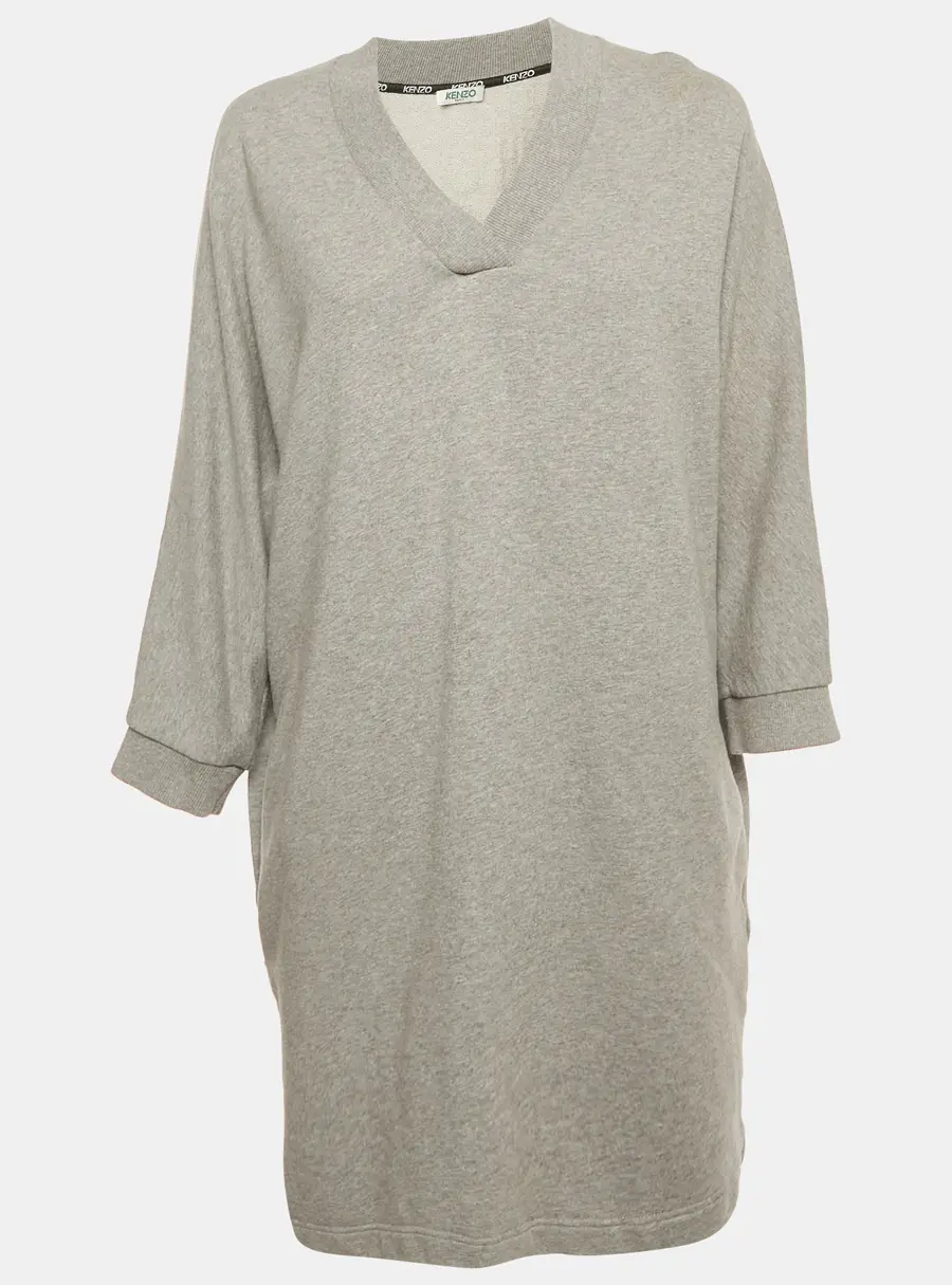 Kenzo Grey Cotton Knit V-Neck Sweatshirt Dress L