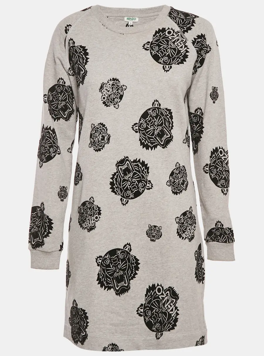 Kenzo Grey Flocked Triger Print Knit Mini Sweater Dress S