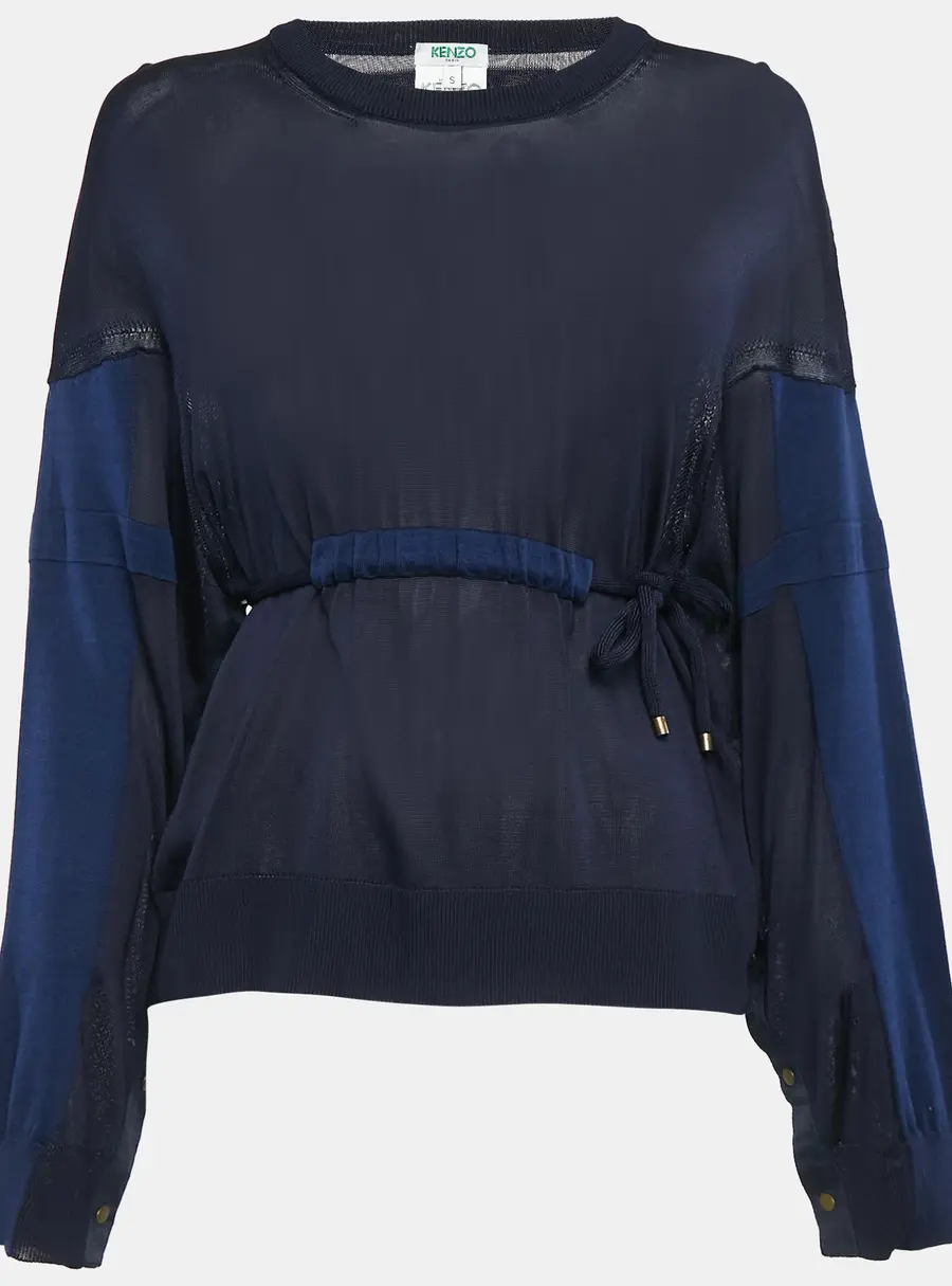 Kenzo Blue Knit Drawstring Sheer Sweater S