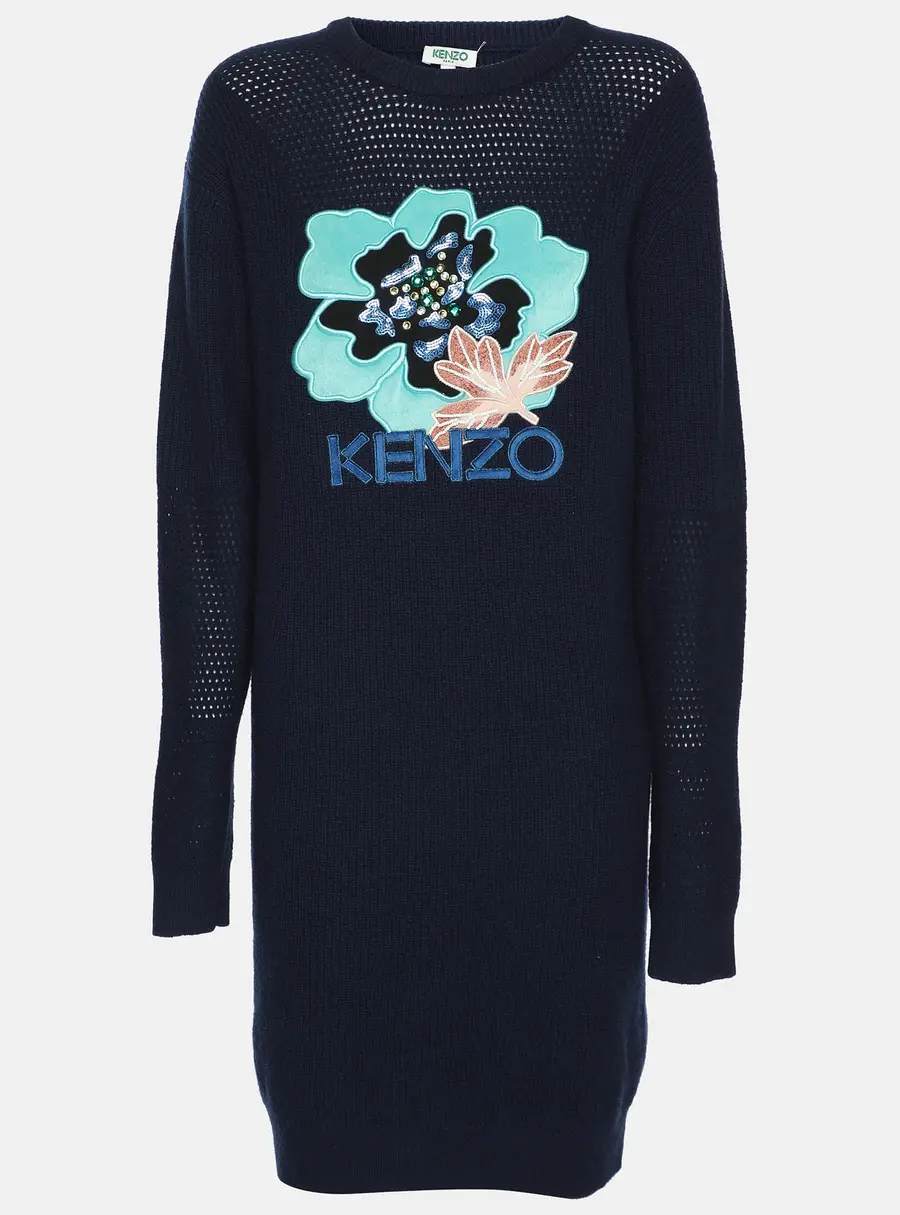 Kenzo Navy Blue Wool Knit Logo Embellished Sweater S