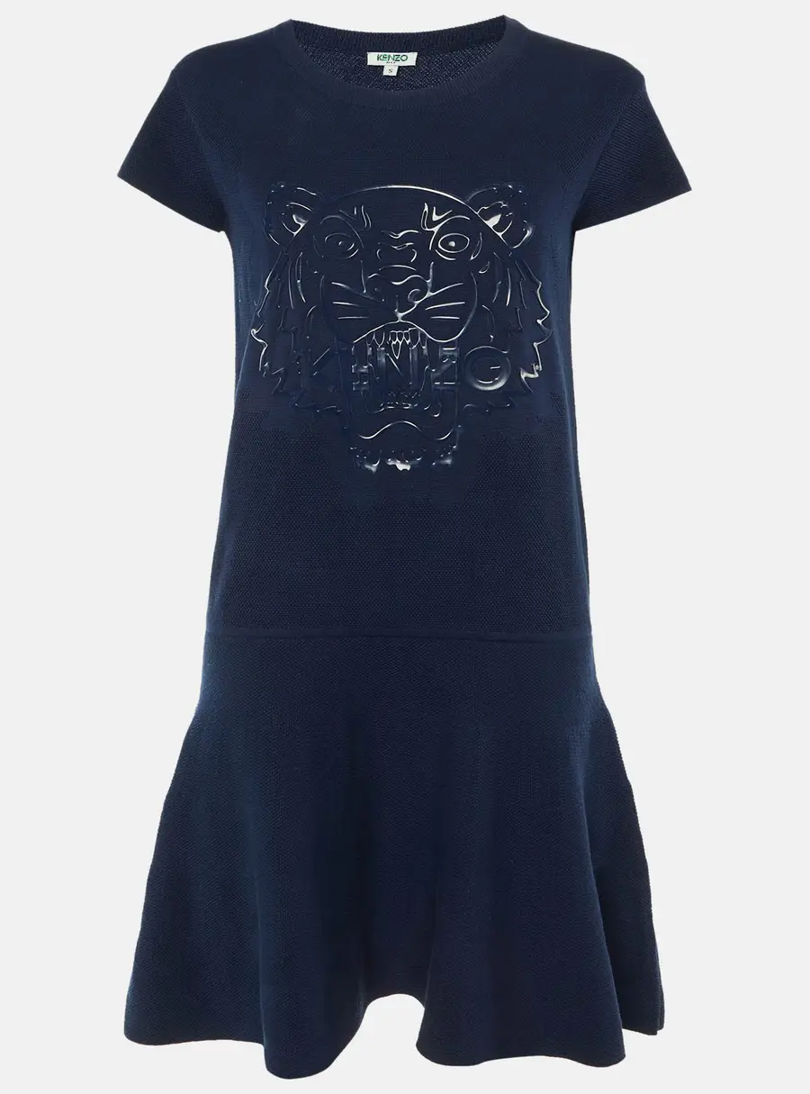 Kenzo Navy Blue Cotton Knit Tiger Head Applique Short Dress S