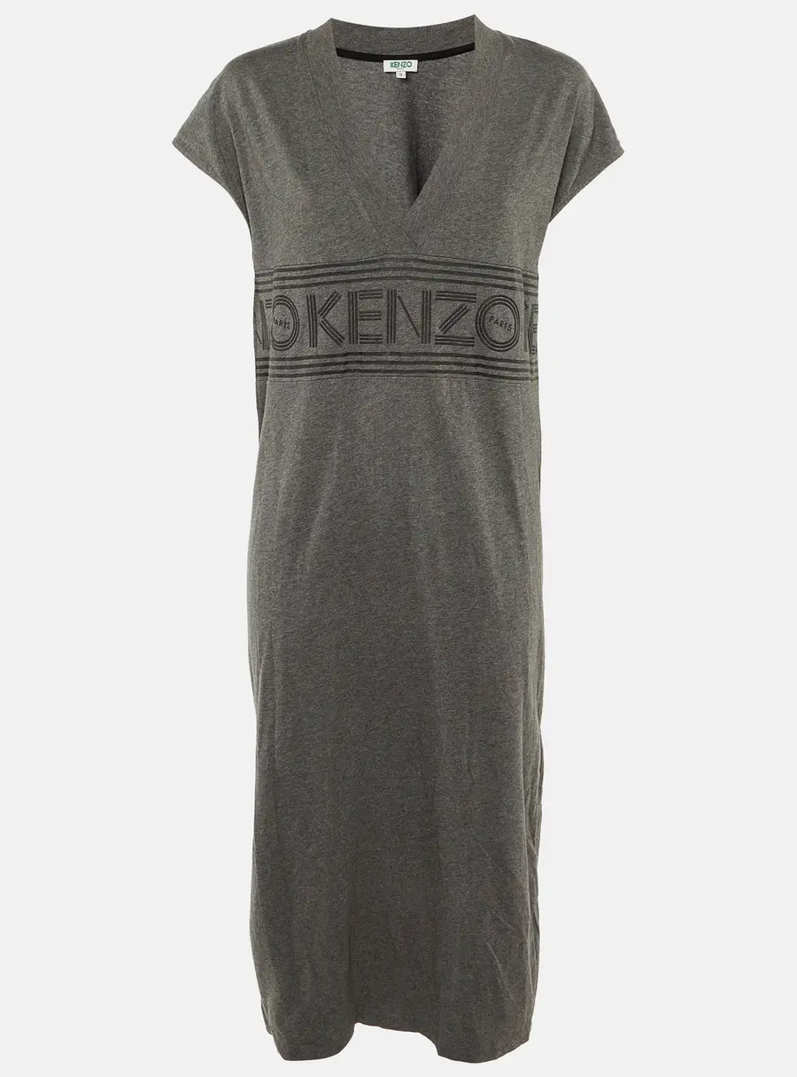 Kenzo Grey Cotton Logo Applique T-Shirt Midi Dress S
