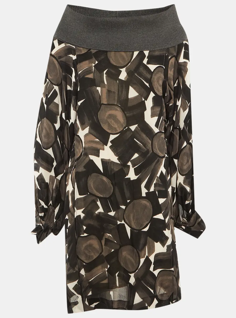 Kenzo Brown /Black Printed Crepe High Neck Mini Dress M