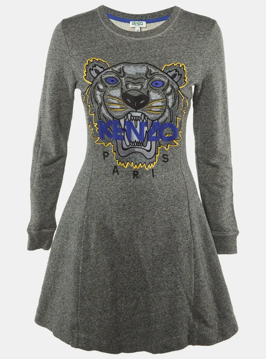 Kenzo Grey Tiger Embroidered Cotton Sweater Dress M