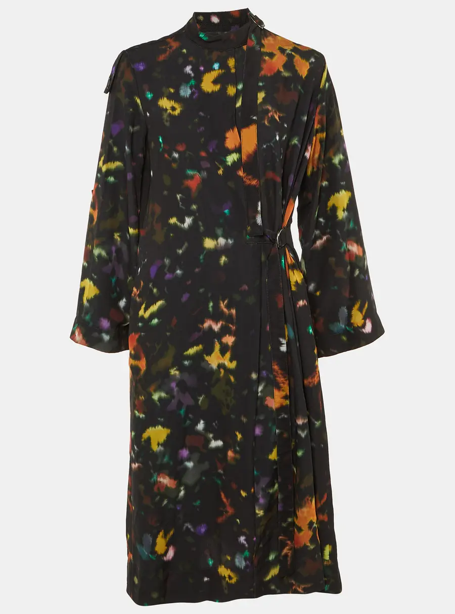 Kenzo Black Printed Crepe Wrap Midi Dress M