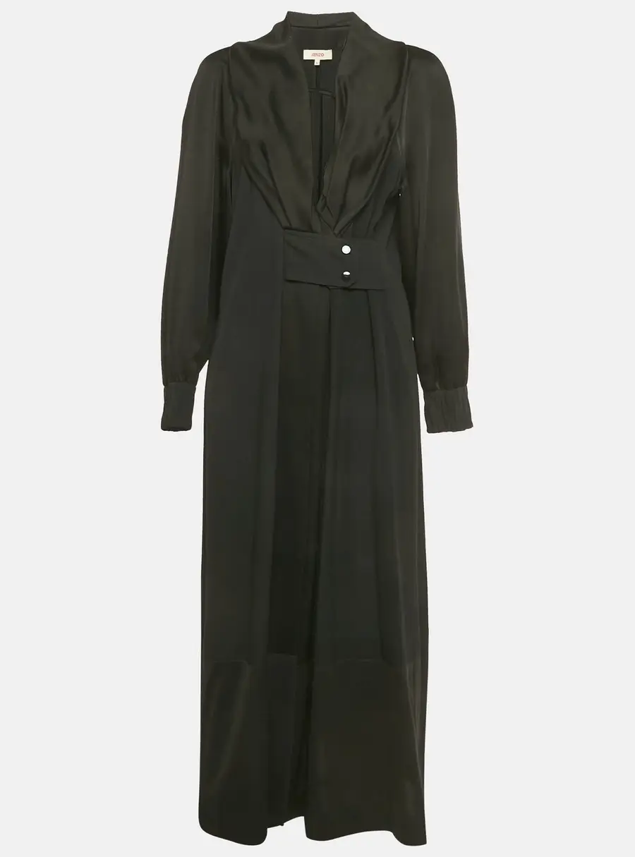 Kenzo Black Sateen and Jersey Trim Maxi Dress L