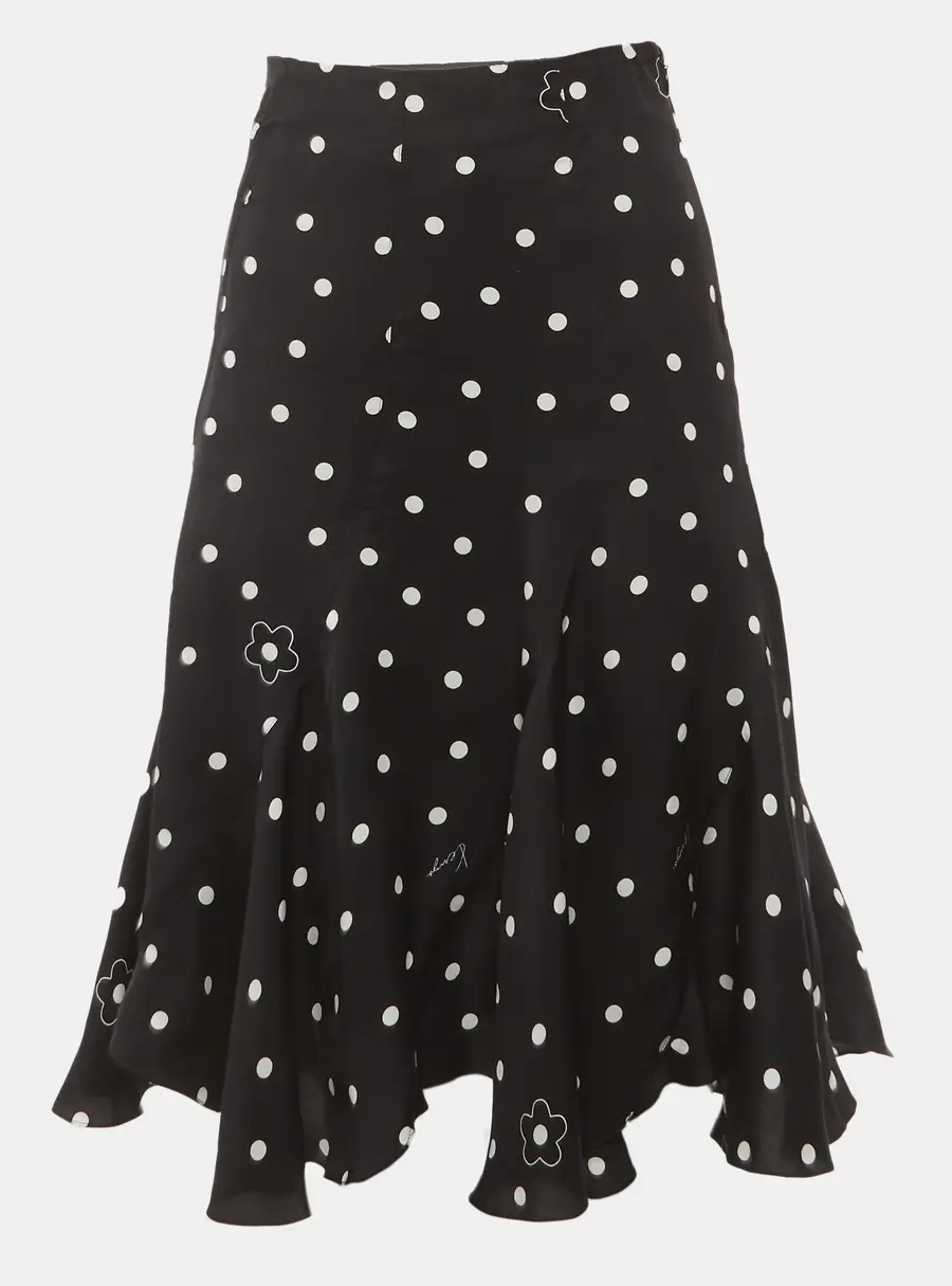Kenzo Black Polka Dot Satin Flared Midi Skirt S