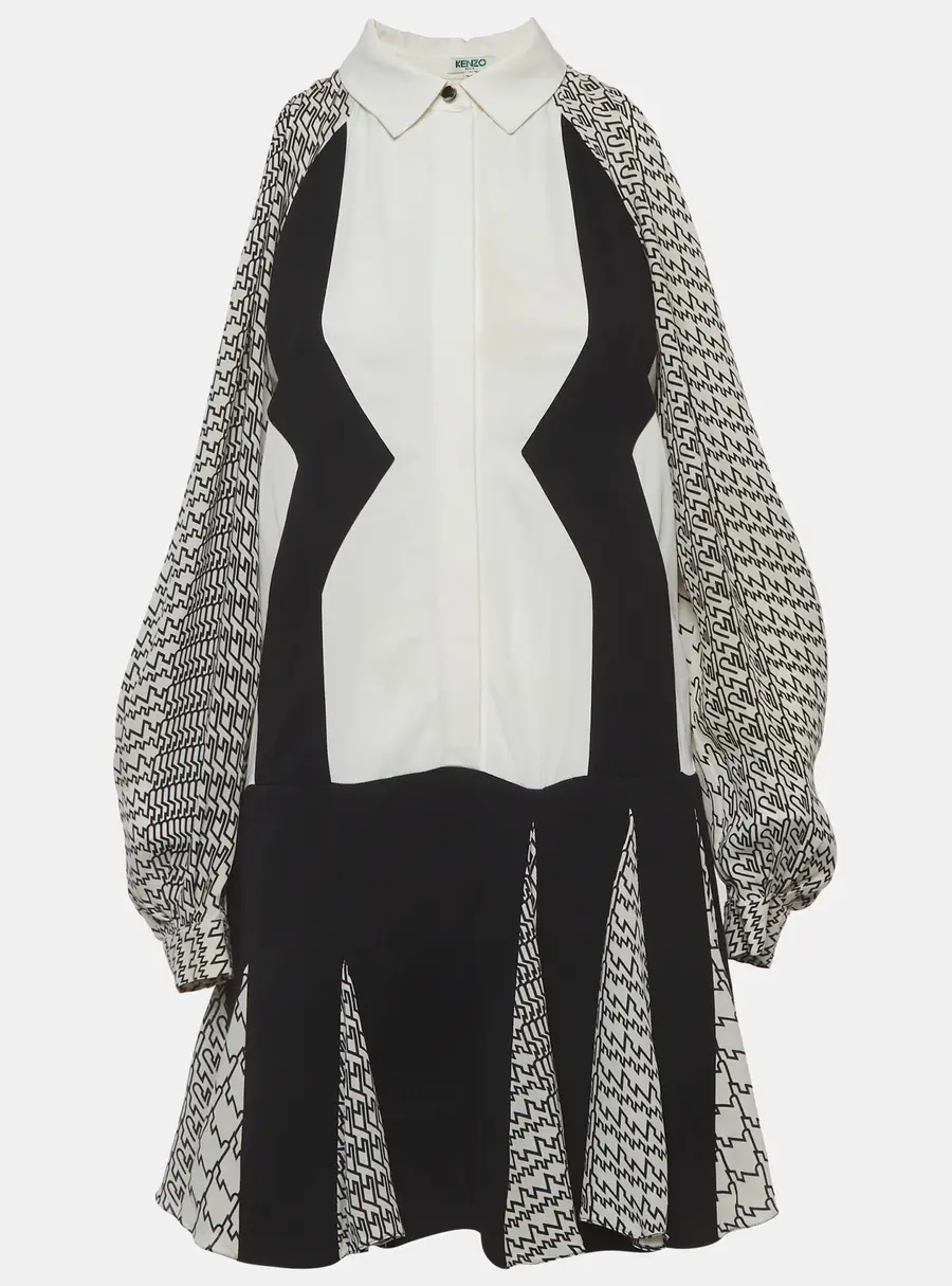 Kenzo Monochrome Abstract Pattern Silk & Crepe Flared Mini Dress S