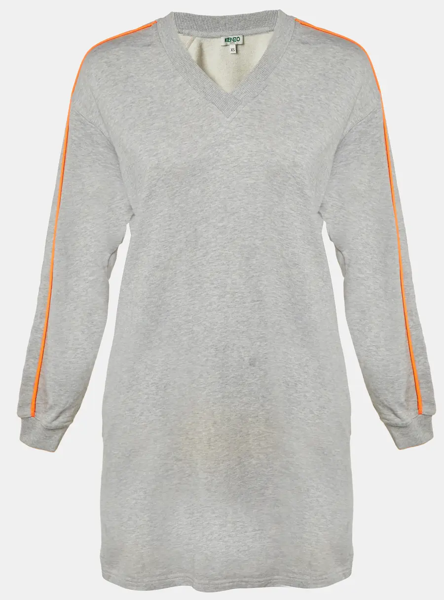 Kenzo Grey Cotton Jersey V-Neck Sweatshirt Dress XS