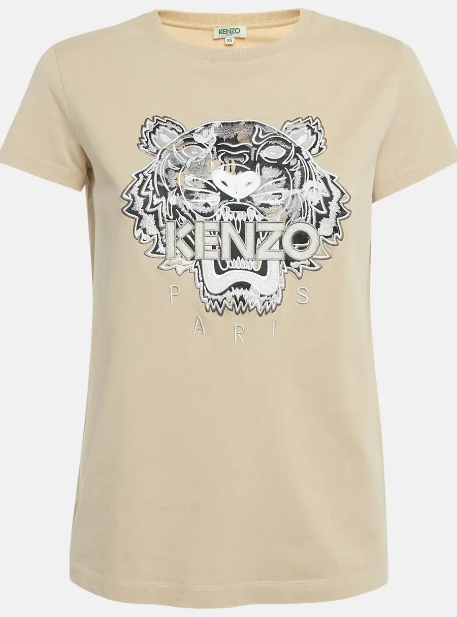Kenzo Beige Tiger Embroidered Cotton T-Shirt XS