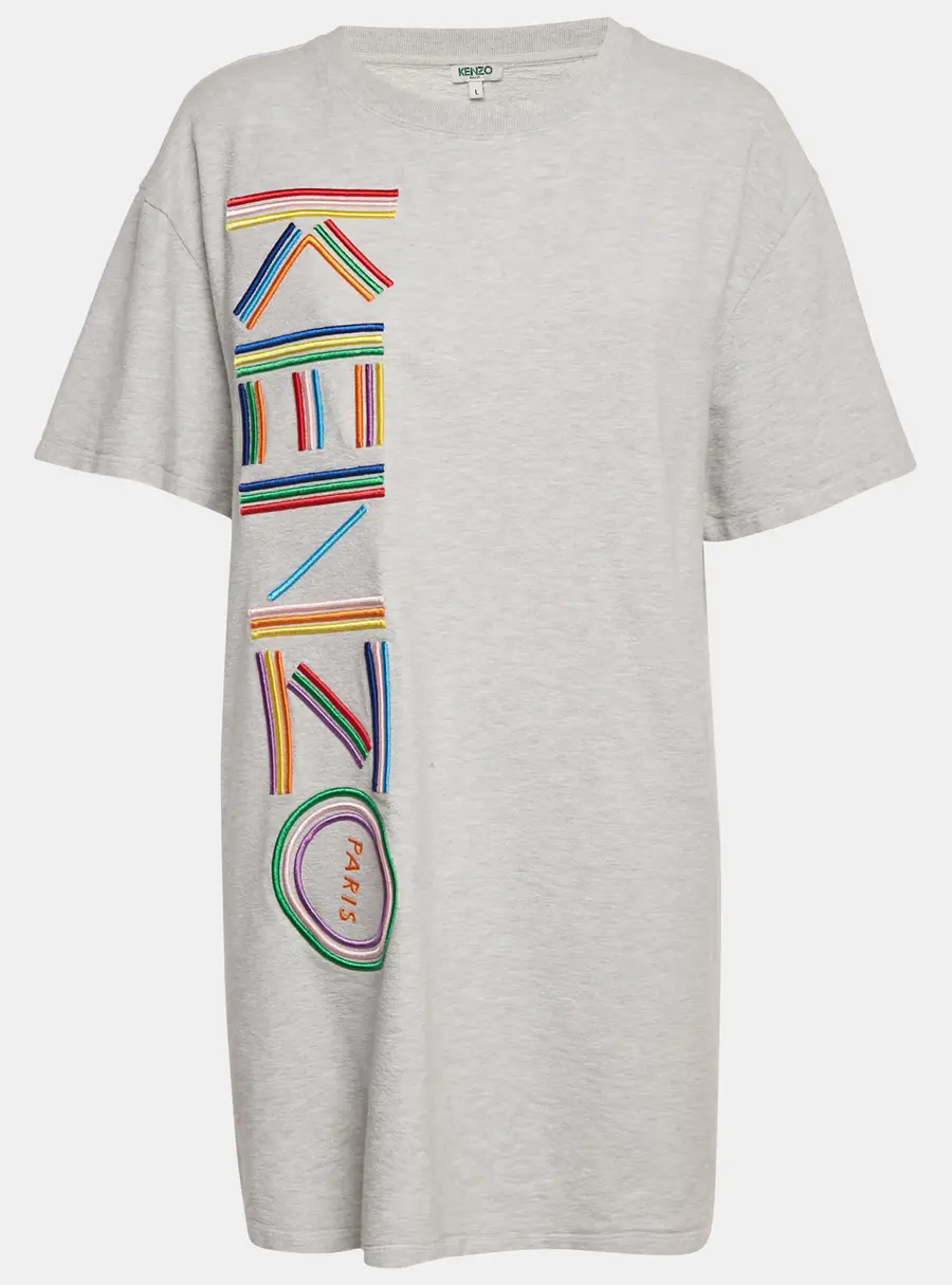 Kenzo Grey Logo Embroidered Cotton Knit Mini Dress L