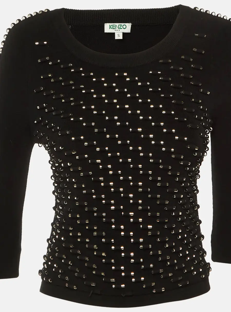Kenzo Black Knit Studded Long Sleeve Top S