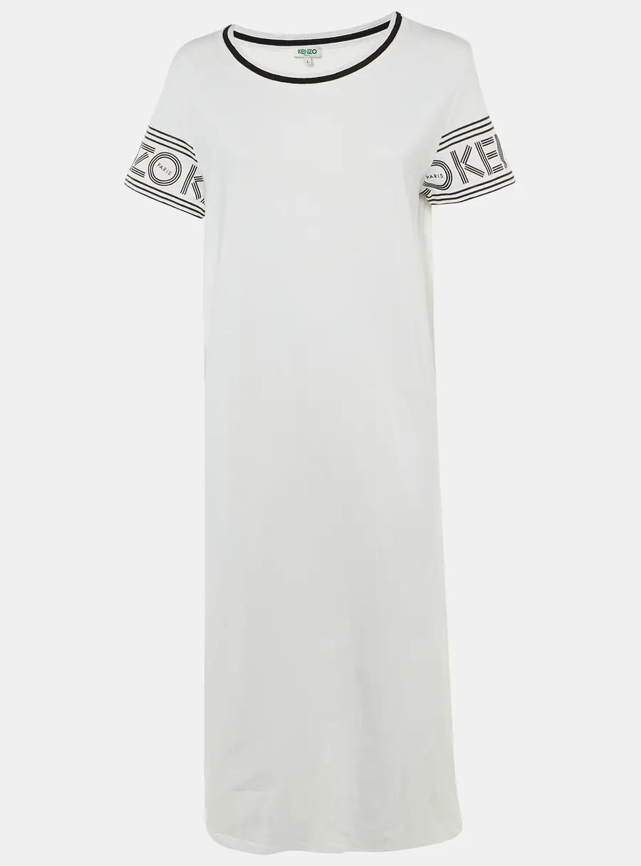 Kenzo White Logo Print Cotton Midi Dress L