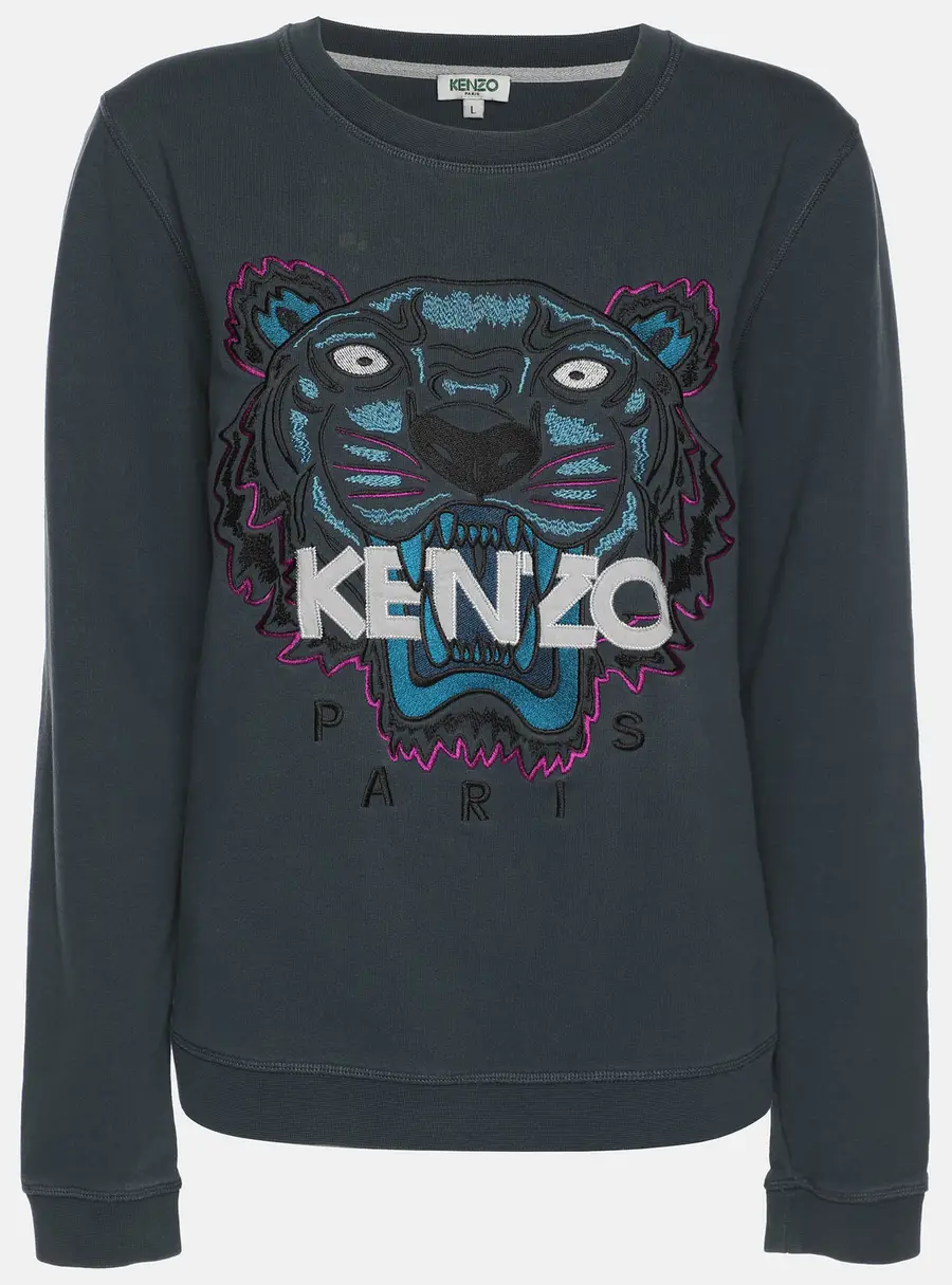 Kenzo Teal Blue Tiger & Logo Embroidered Knit Sweatshirt L