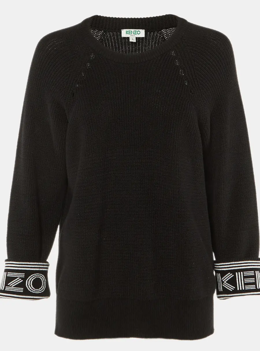 Kenzo Black Logo Intarsia Cotton & Wool Knit Crew Neck Sweater L