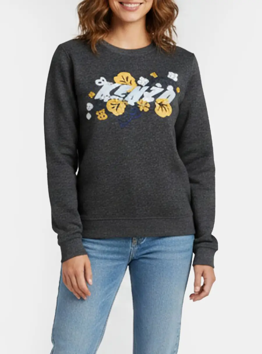 Kenzo Dark Grey Multicolor Floral Logo Embroidered Sweatshirt S