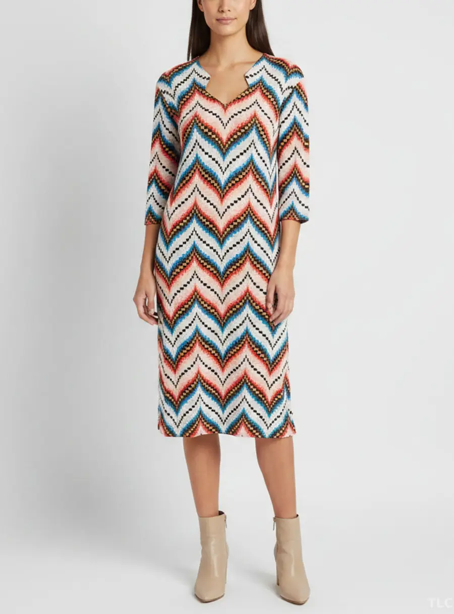 Kenzo Multicolor Crepe Chevron Pattern Midi Dress S
