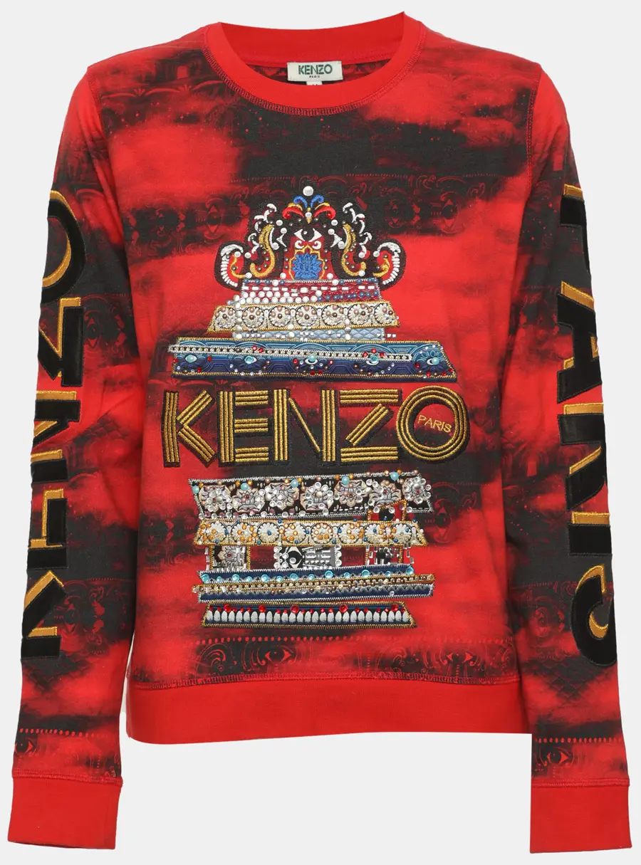 Kenzo Red Logo Embroidered and Crystal Embellished Jersey Sweater M
