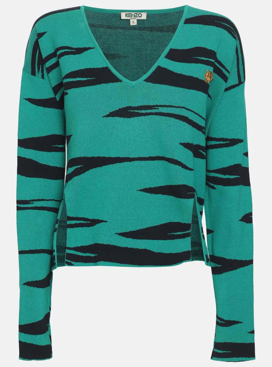 Kenzo Green/Navy Blue Tiger Print Jersey Cropped Sweater S