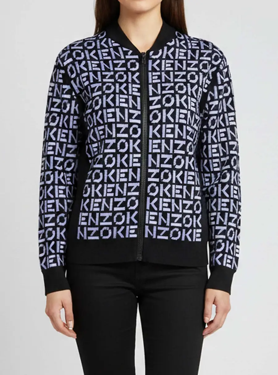 Kenzo Black/Purple Monogram Jacquard Knit Zip Up Jacket S