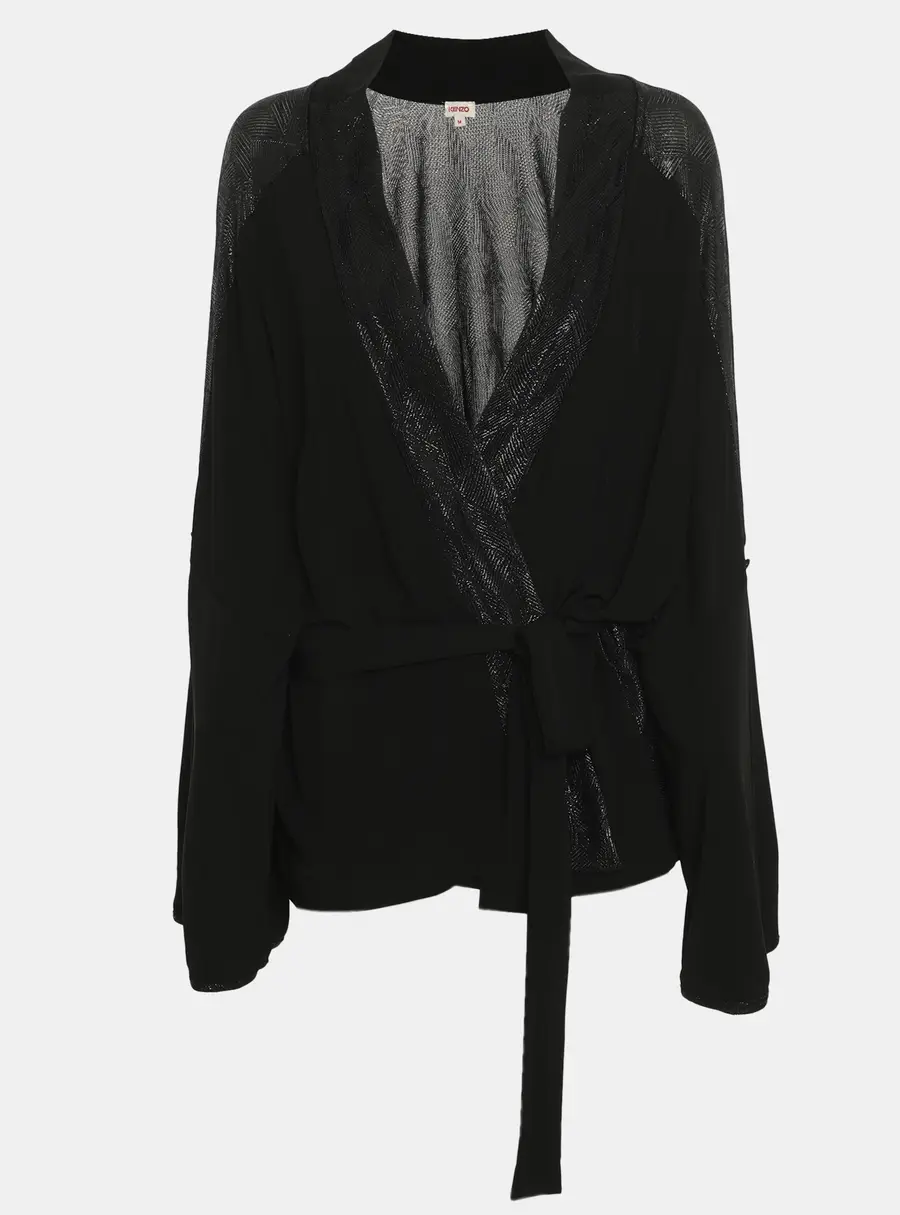 Kenzo Black Metallic Satin and Knit Belted Cardigan M