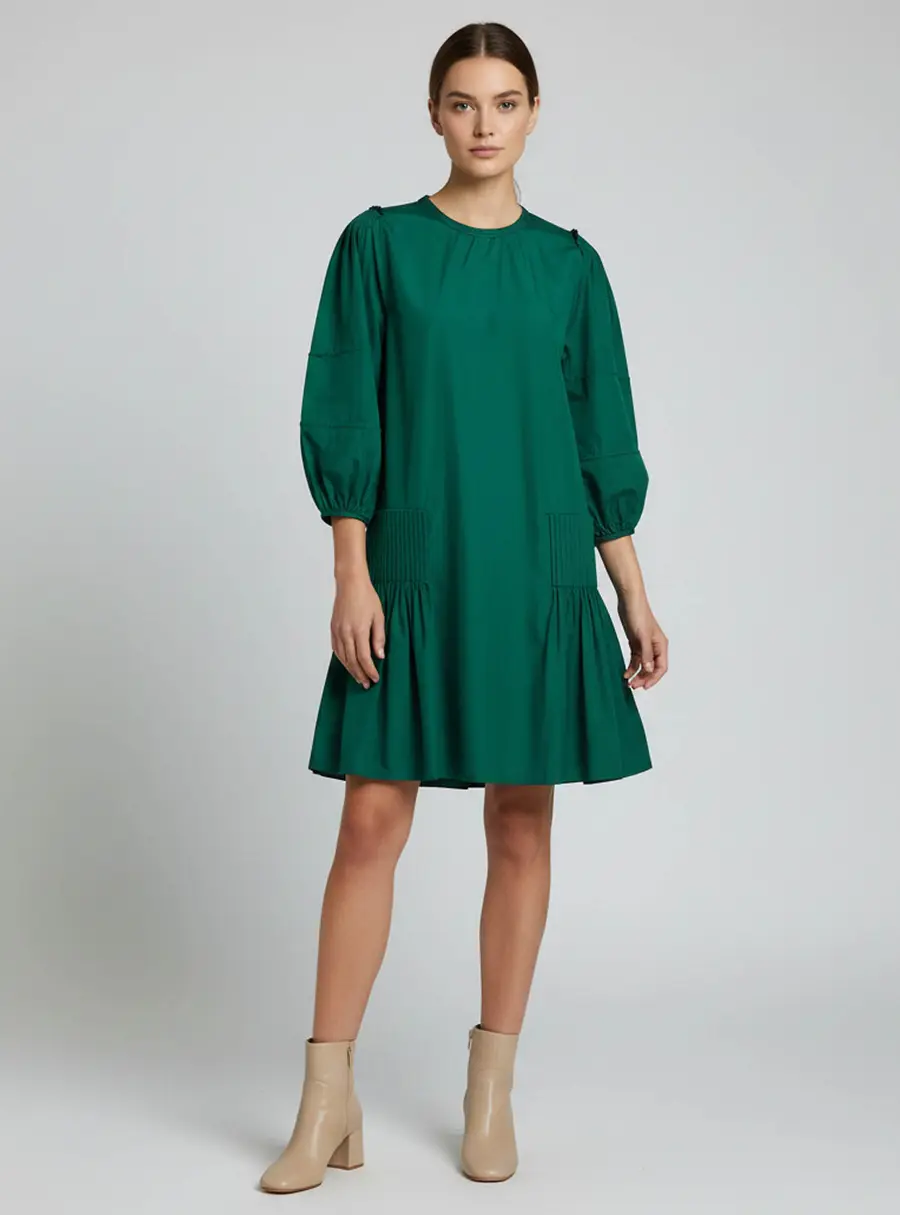 Kenzo Green Cotton Oversized Pleated Tunic Dress L