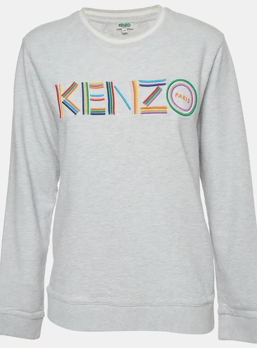 Kenzo Grey Multicolour Logo Embroidered Jersey Crewneck Sweatshirt M